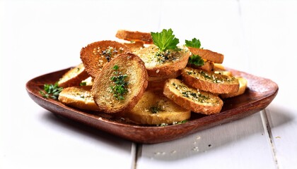 delicious toasted bread chips with sesame seeds and fresh green herbs