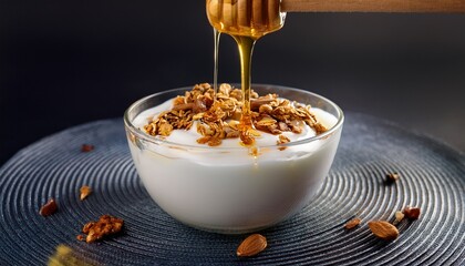 honey drips onto yogurt with granola for a healthy breakfast delicious and nutritious meal