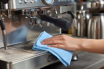 Woman cleaning stainless steel espresso machine with blue microfiber cloth in kitchen, maintaining coffee equipment hygiene