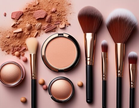makeup brushes compacts and highlighters arranged in a flat lay