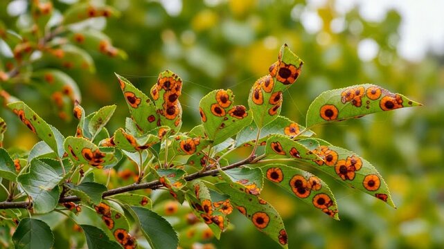 Closeup view of a plant branch with green leaves covered in circular orange and brown rust spots, indicating a fungal disease