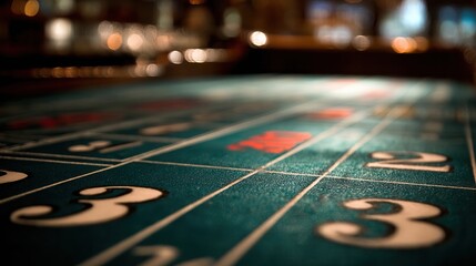 Close-up View of Craps Table Layout Showing Numbers and Sections in a Lively Casino Setting