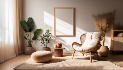 modern interior room with blank poster frame mockup contemporary home design with armchair pouf cozy wooden furniture decor neutral colors bohemian style sunlight from window indoor plant pot