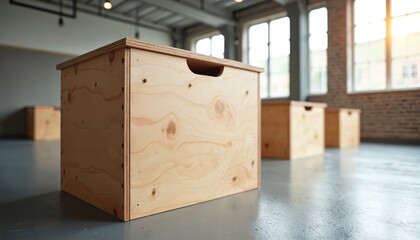 Wooden plywood jump boxes in fitness gym studio. Boxes for workout training, exercise. Made from sturdy plywood material, providing reliable platform for various athletic movements, strength