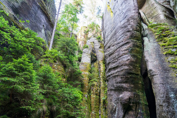 Adrspach, Czech Republic - 20.07.2025: View of the Adrspach-Teplice Rocks with Lake Piskovna. Forest and rocks.