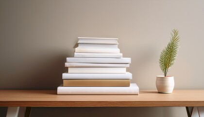 stack of white and beige hardcover books arranged on wooden table against neutral wall background creating minimalist composition for reading and education concepts