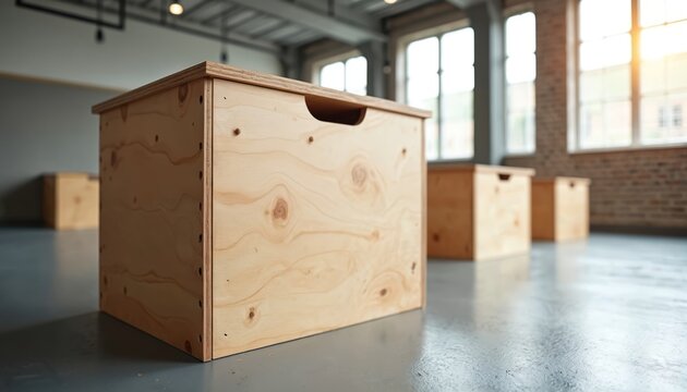 Wooden plywood jump boxes in fitness gym studio. Boxes for workout training, exercise. Made from sturdy plywood material, providing reliable platform for various athletic movements, strength