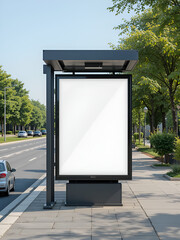Blank billboard poster advertisement mockups at an empty bus stop shelter along the main road with greenery in the background out of home OOH vertical billboard media display area