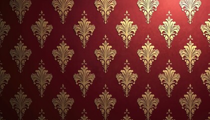 Maroon wallpaper features gold diamond patterns creating vintage charm for sophisticated interiors. Detailed ornate wall covering adds luxurious, opulent, regal style. Classic baroque design suits