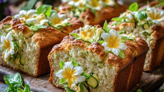 A close-up shot of a loaf of bread adorned with fresh flowers
