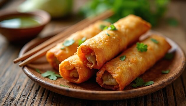 Crispy Indonesian risoles, deep-fried spring rolls filled with savory ingredients. Served on wooden plate with chopsticks, dipping sauce. Golden brown, delicious appetizer perfect for lunch as snack.