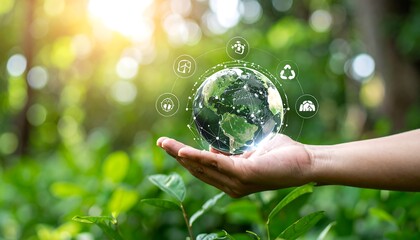 A hand holds a translucent globe of Earth, surrounded by interconnected sustainability icons, set against a backdrop of lush green foliage and soft sunlight
