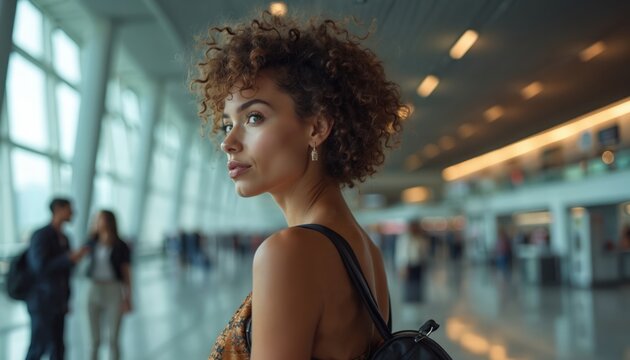 Stylish woman with curly hair stands in modern airport terminal with suitcase. Female traveler waits for flight, confidently looking away. International transportation hub for business leisure trips.