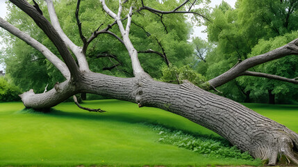 A large branch of an old tree broken off by a storm on the grass. A strong wind broke off a tree branch. Consequences of the storm. Damaged tree