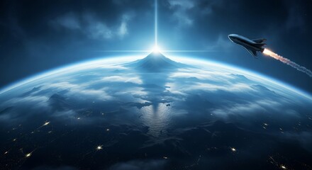 Obraz premium Infinite Possibilities: Sleek Craft Orbits Earth Against a Star-Studded Black