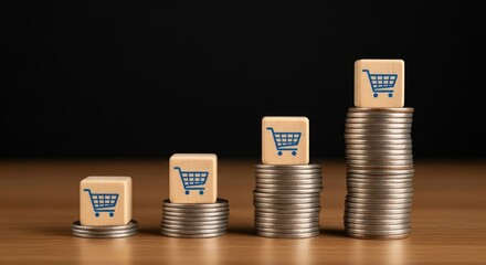Financial Growth Concept Stacked Coins with Shopping Cart Cubes Market Increase Savings Economy Business Investment