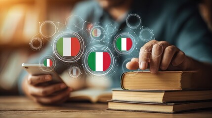 Person studying with a phone and books