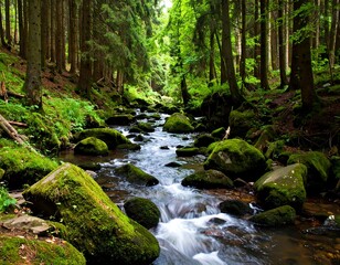 Obraz premium Lush forest stream flowing over mossy rocks