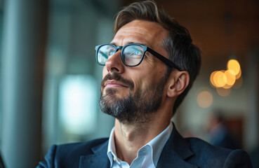Mature businessman in glasses looks upward, thoughtful expression. Grey beard, suit, white shirt. Blurred background with bokeh lights suggests modern office setting. Focus on leadership, vision,