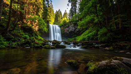 Lush waterfall cascading into a tranquil pool, surrounded by dense forest