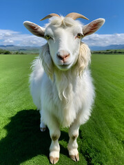 Fototapeta premium Angora goat stands in a lush green field