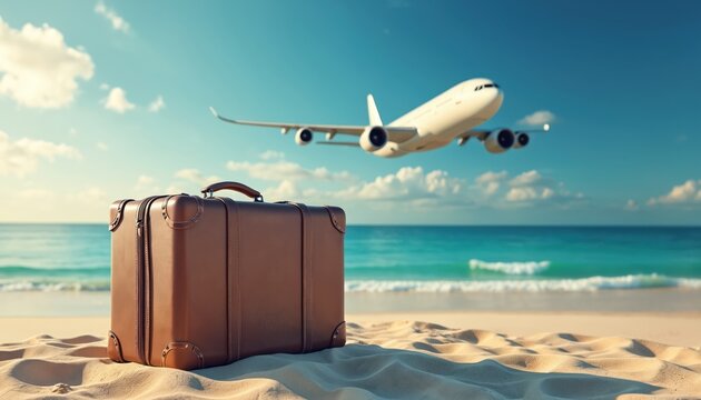 Brown suitcase sits on sandy beach with turquoise ocean waves, plane flying overhead. Image represents travel, vacation, adventure dreams. Offers tropical getaway journey, wanderlust.