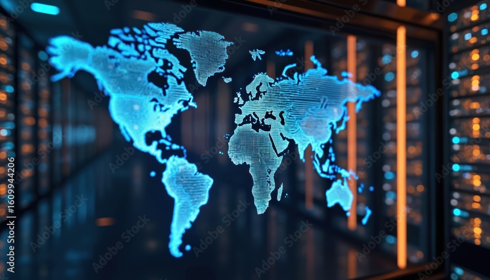 Poster global data center illuminated by digital world map. modern futuristic information technology networ
