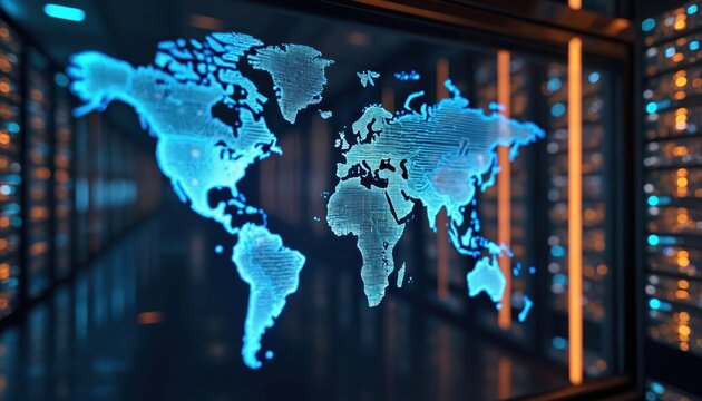 Global data center illuminated by digital world map. Modern futuristic information technology network connects servers. Global communication infrastructure innovation, high tech systems, cyberspace