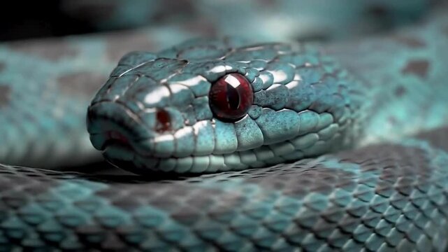 close up of a blue snake. Captivating boas, venom snake inland taipan. Diamondback snake, cold blooded tropical snake.
