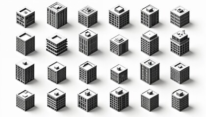 Collection of minimalist black, white building icons in axonometric projection. Features square, rectangular shapes with varied heights in clean geometric design. Ideal for urban planning,