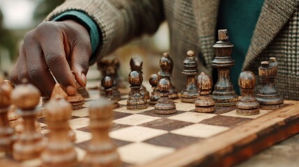 Person playing chess outdoors