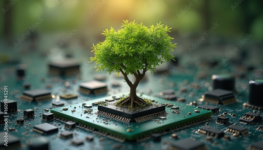 Poster small tree grows on computer microchip, technology, nature integration. green circuits, electronic c