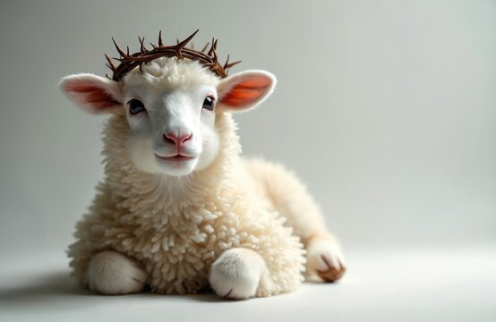 Innocent lamb wearing crown of thorns against pure white background. Sacrifice, purity, religious devotion. Gentle creature evokes feelings of peace, hope. Ideal for Easter spiritual themes.
