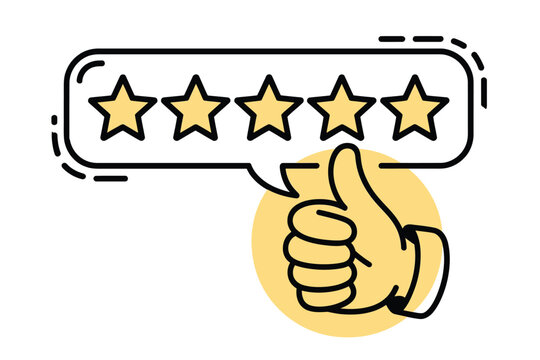 Celebrate exceptional service with a glowing five-star rating and a confident thumbs-up, perfect for showcasing customer satisfaction and positive reviews in business communications.