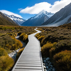 A boardwalk on the Hooker Valley Trail, Aoraki/Mt Cook National Park, Canterbury, South Island, New Zealand