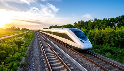 High-speed train at sunset across countryside