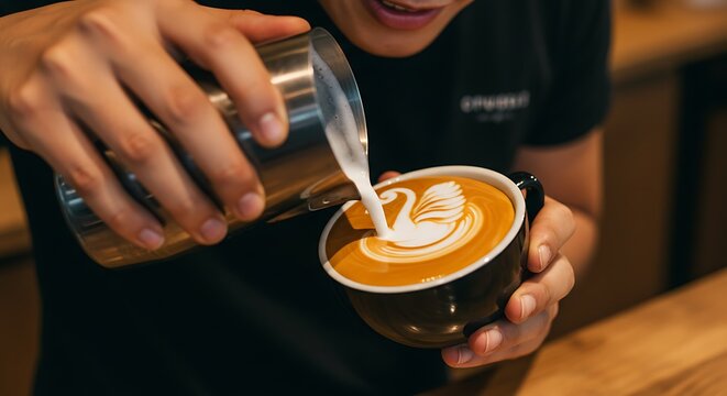 A barista pouring milk into a cup of coffee creating a swan latte art design in a black ceramic mug