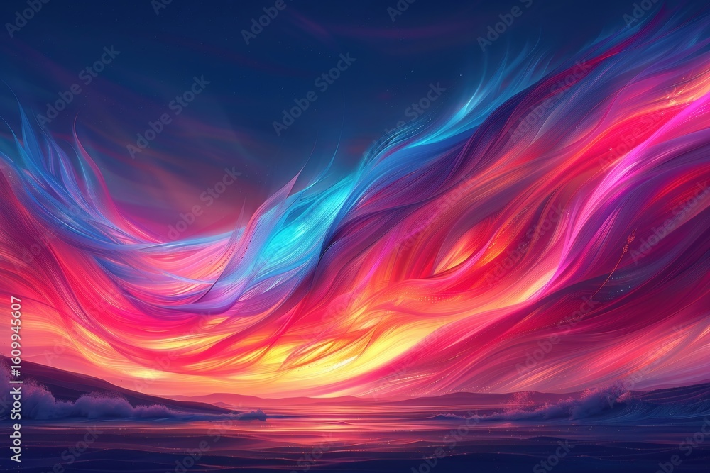 Poster a breathtaking display of swirling clouds transitions from deep purple to vibrant orange. bright sun
