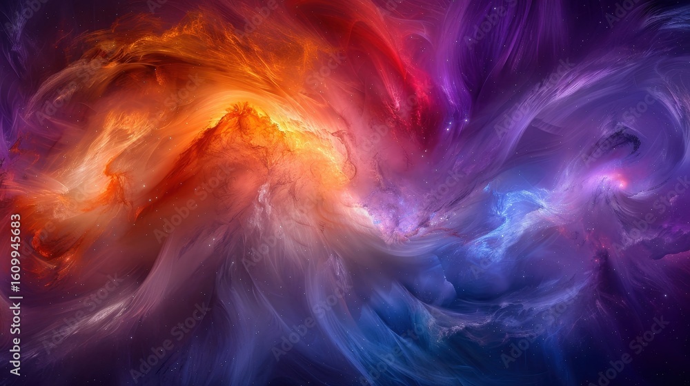 Poster a stunning display of swirling clouds transitions from deep purple to vibrant orange as sunlight bre