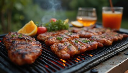 Juicy steaks sizzle on outdoor grill during summer party. Meat, vegetables cook over hot coals, accompanied by drinks. Friends enjoy casual alfresco feast with beer, juice, creating festive