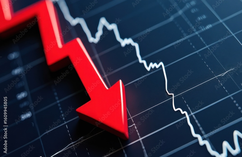 Poster a red arrow points downward on a financial chart illustrating a significant market decline. the back