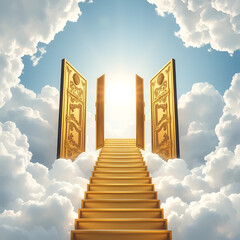 Heaven, with white puffy clouds and golden gates with stairs leading to the sky. The gate is open, with rays of light shining through. Stairs lead up into the bright sunlight.