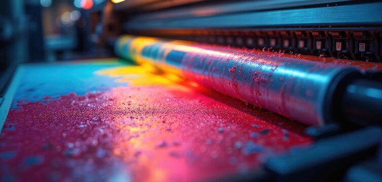 Vibrant printing machine in action creating colorful prints with vivid ink. Dramatic neon lighting rollers, ink splash. High-quality printing services for commercial advertisements, banners,