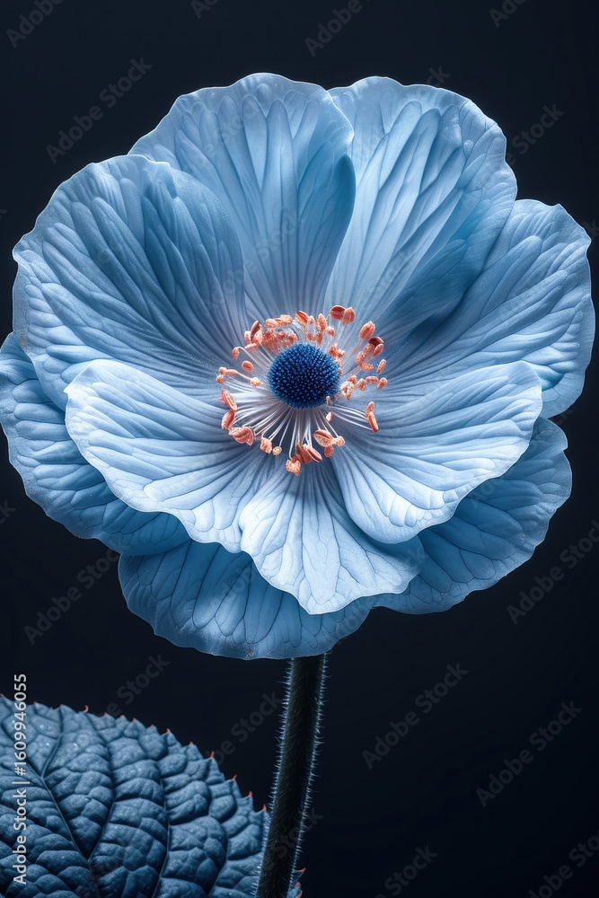 Poster a stunning flower showcases symmetrical blue and white petals detailed with intricate patterns. gent