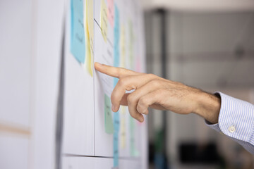 Close up man hand points at whiteboard covered with organized colorful sticky notes, busy in planning or analysis. Project management, visual methodology, task tracking, work or deadlines prioritizing