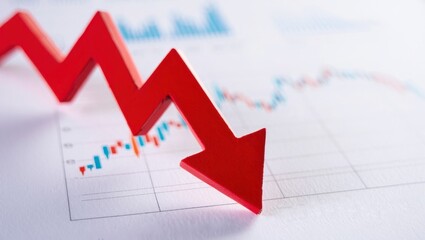 A vivid representation of a downward trend in financial metrics is showcased with a striking red arrow pointing towards the decline. Charts filled with data add to the analysis.