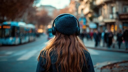 Woman listening to music on headphones in a city
