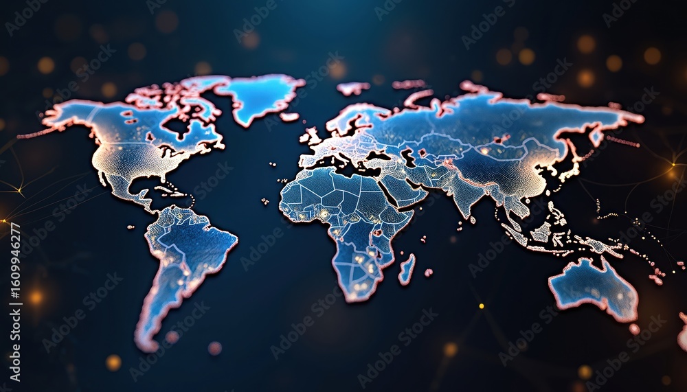 Aufkleber digital world map graphic with glowing blue, gold lines connecting points across continents. abstrac