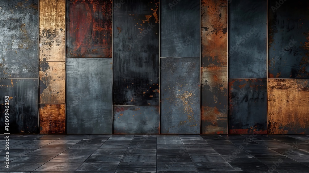 Poster layered squares and rectangles create an intricate abstract composition. the textured black backdrop