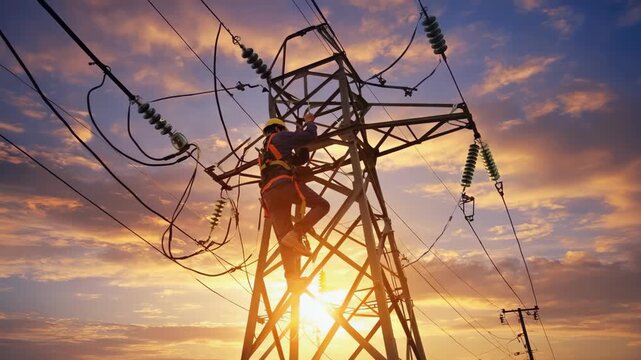 Silhouetted lineman climbs a power transmission tower against a dramatic sunrise sky, symbolizing electrical grid maintenance, energy supply, infrastructure service, and dedication to utility safety.